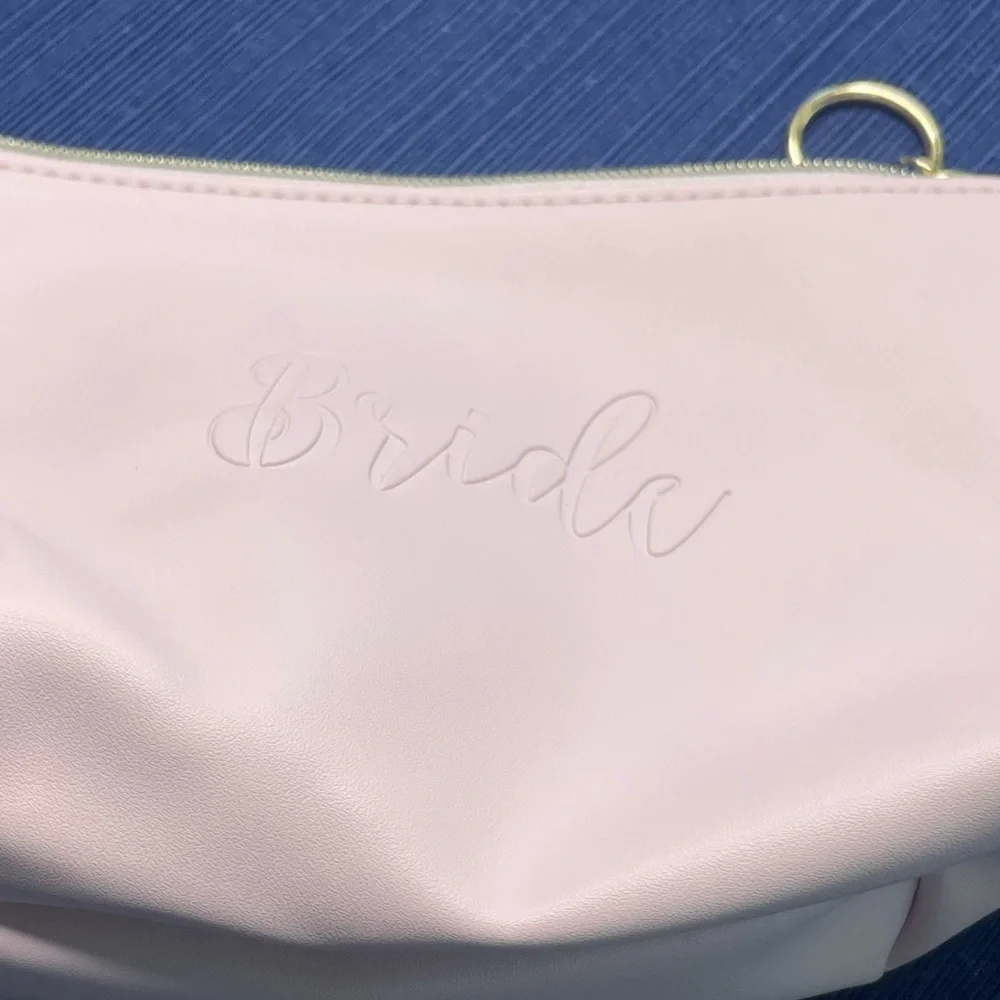 Bride Blush Pink Cosmetic Makeup Bag Vegan Leather Bridal Wedding Zipper Pouch